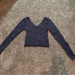 Elegant Long Sleeve V-Neck Top - Dark Blue